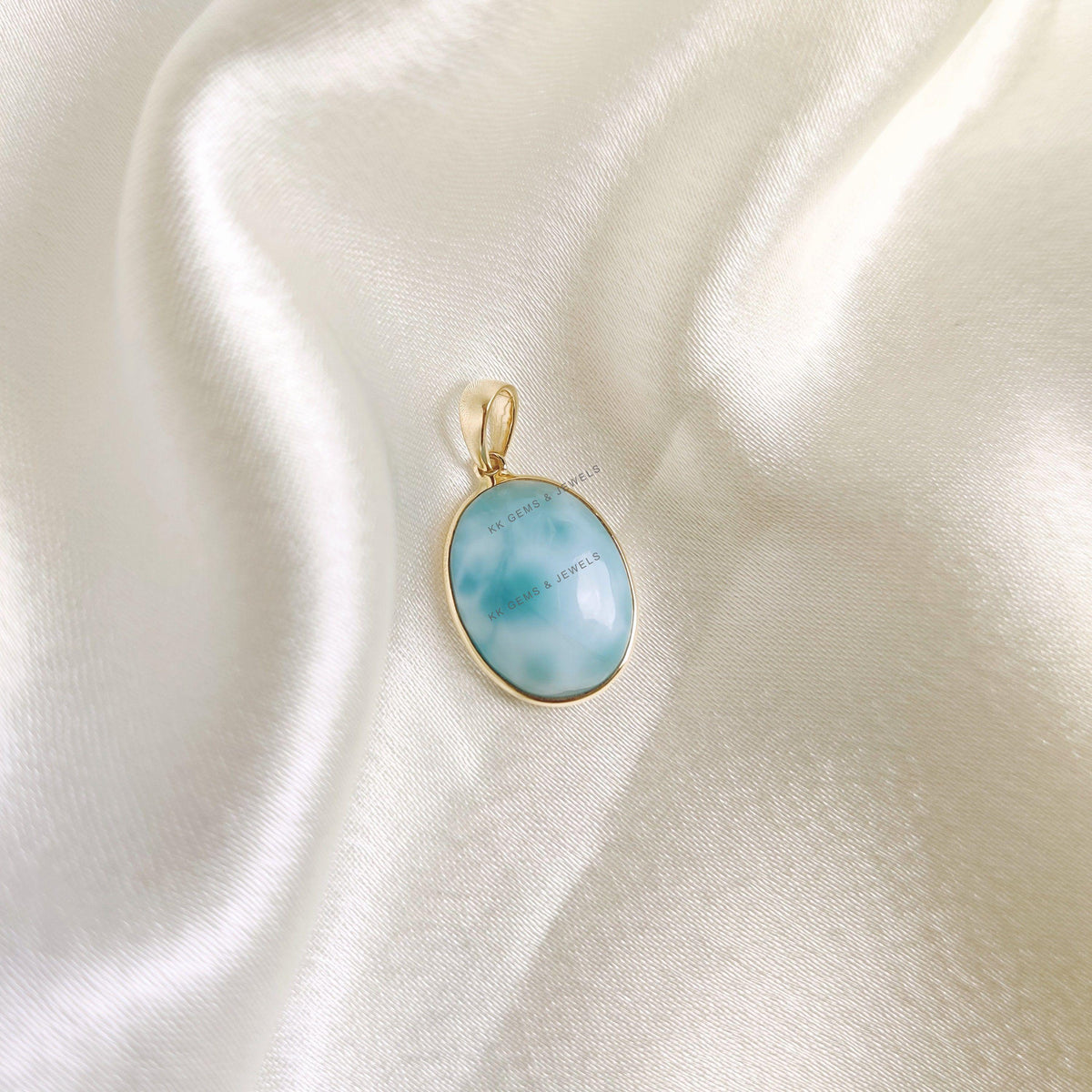 Natural Oval Larimar Pendant, 14K Solid Yellow Gold, March Birthstone