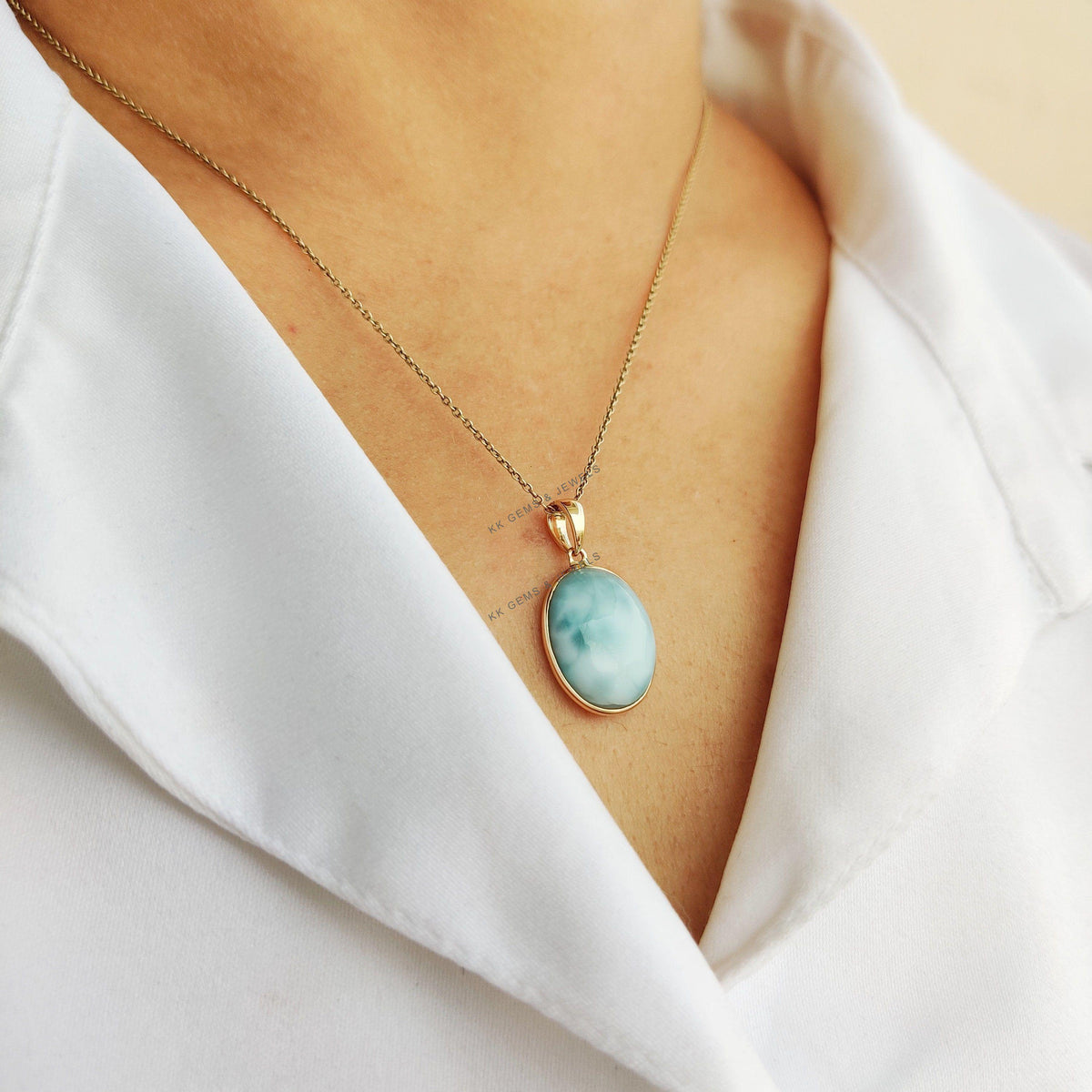 Natural Oval Larimar Pendant, 14K Solid Yellow Gold, March Birthstone