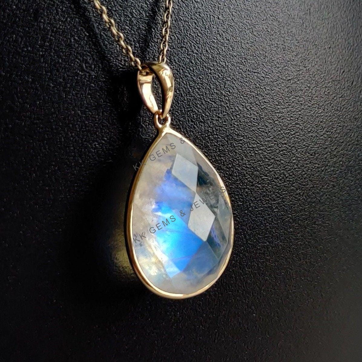 Natural Rainbow Moonstone Pendant, 14K Solid Yellow Gold Pendant, June Birthstone