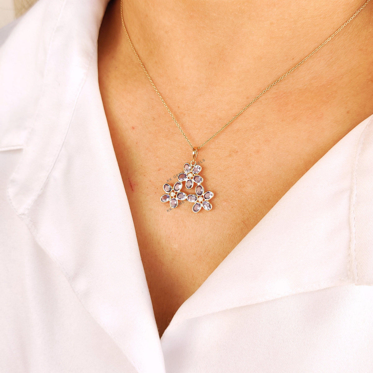Natural Tanzanite & Diamond Flower Pendant, 14K Solid Gold, December Birthstone