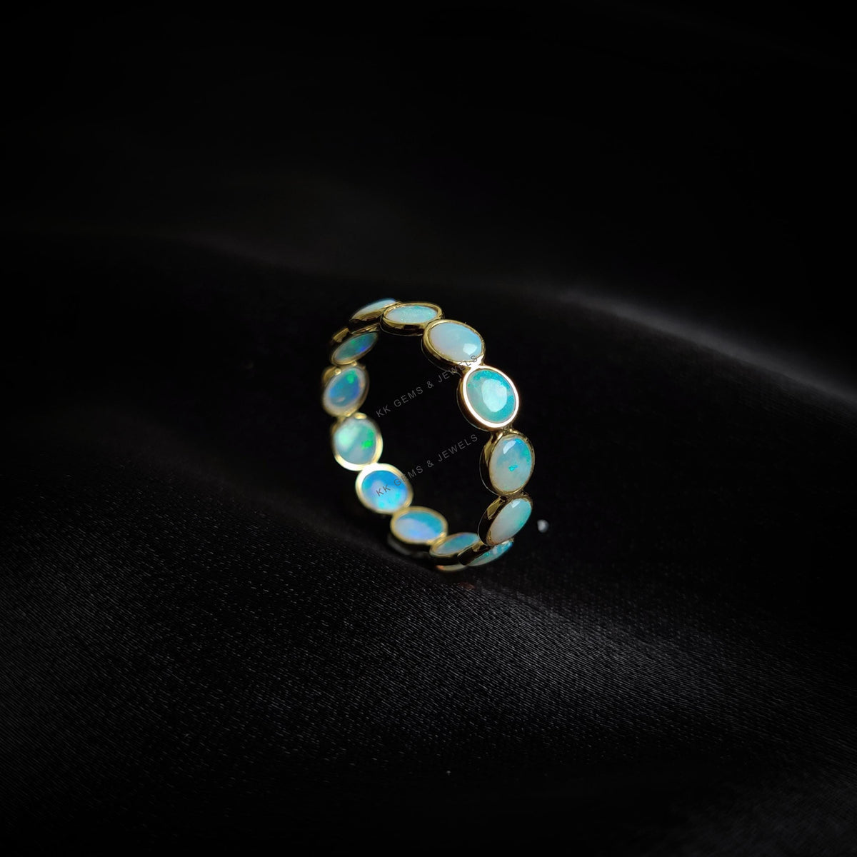 Natural White Opal Ring, 14K Solid Yellow Gold Infinity Band, October Birthstone