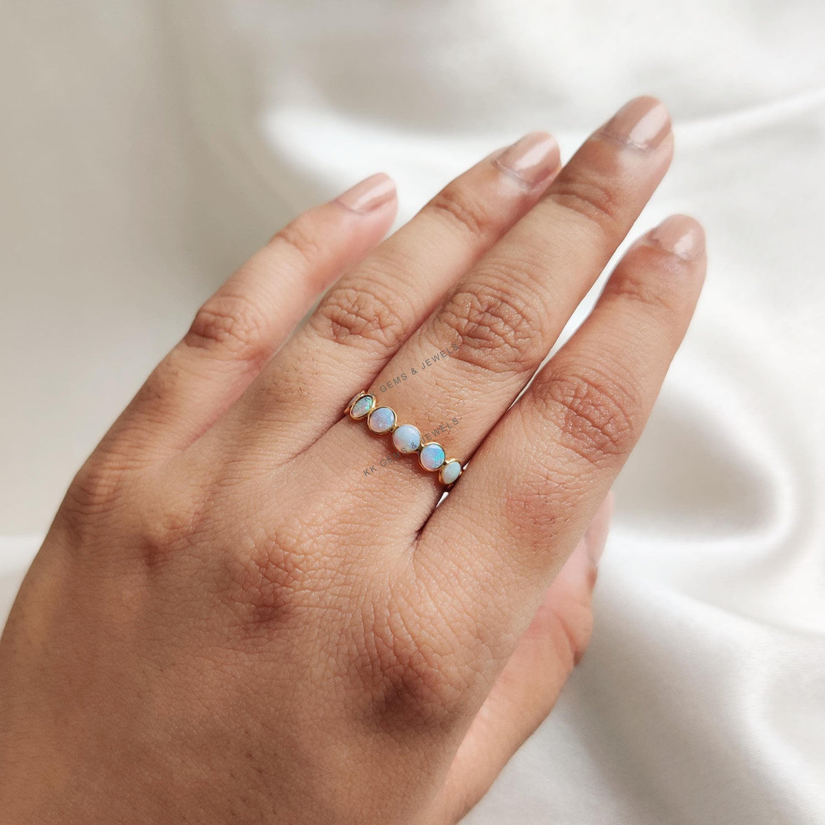 Natural White Opal Ring, 14K Solid Yellow Gold Infinity Band, October Birthstone