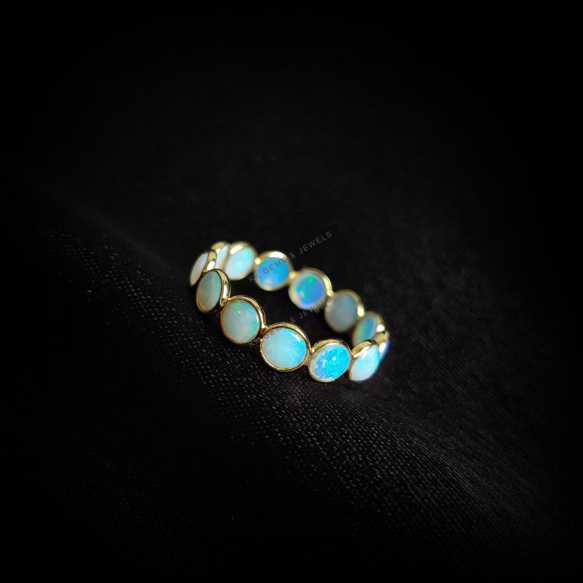 Natural White Opal Ring, 14K Solid Yellow Gold Infinity Band, October Birthstone