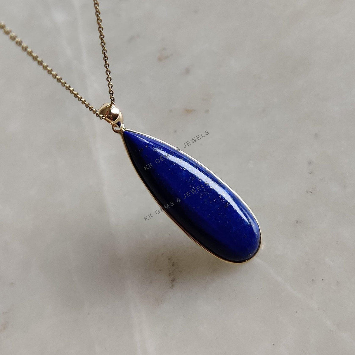 14K Solid Yellow Gold Natural Pear Lapis Lazuli Pendant, September Birthstone
