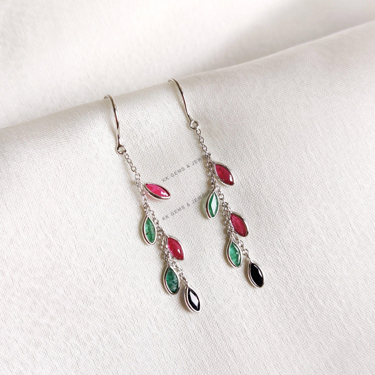 Natural Ruby & Emerald and Sapphire Dangler Earrings, 14K Solid White Gold Earrings