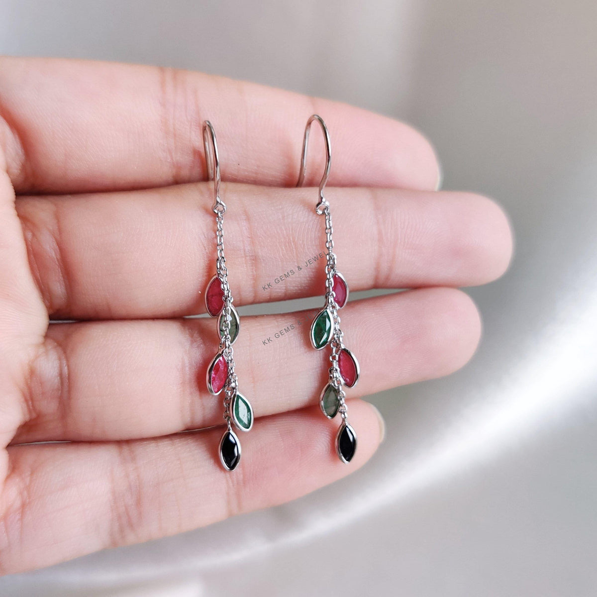 Natural Ruby & Emerald and Sapphire Dangler Earrings, 14K Solid White Gold Earrings
