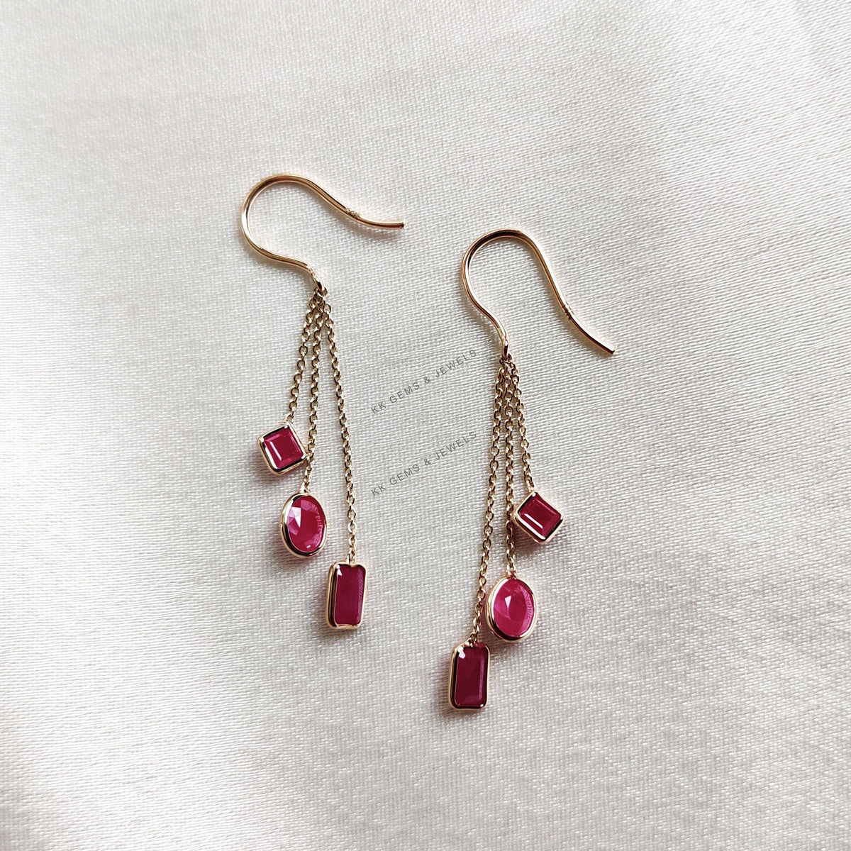 14K Solid Yellow Gold Natural Ruby Dangle Earrings, July Birthstone