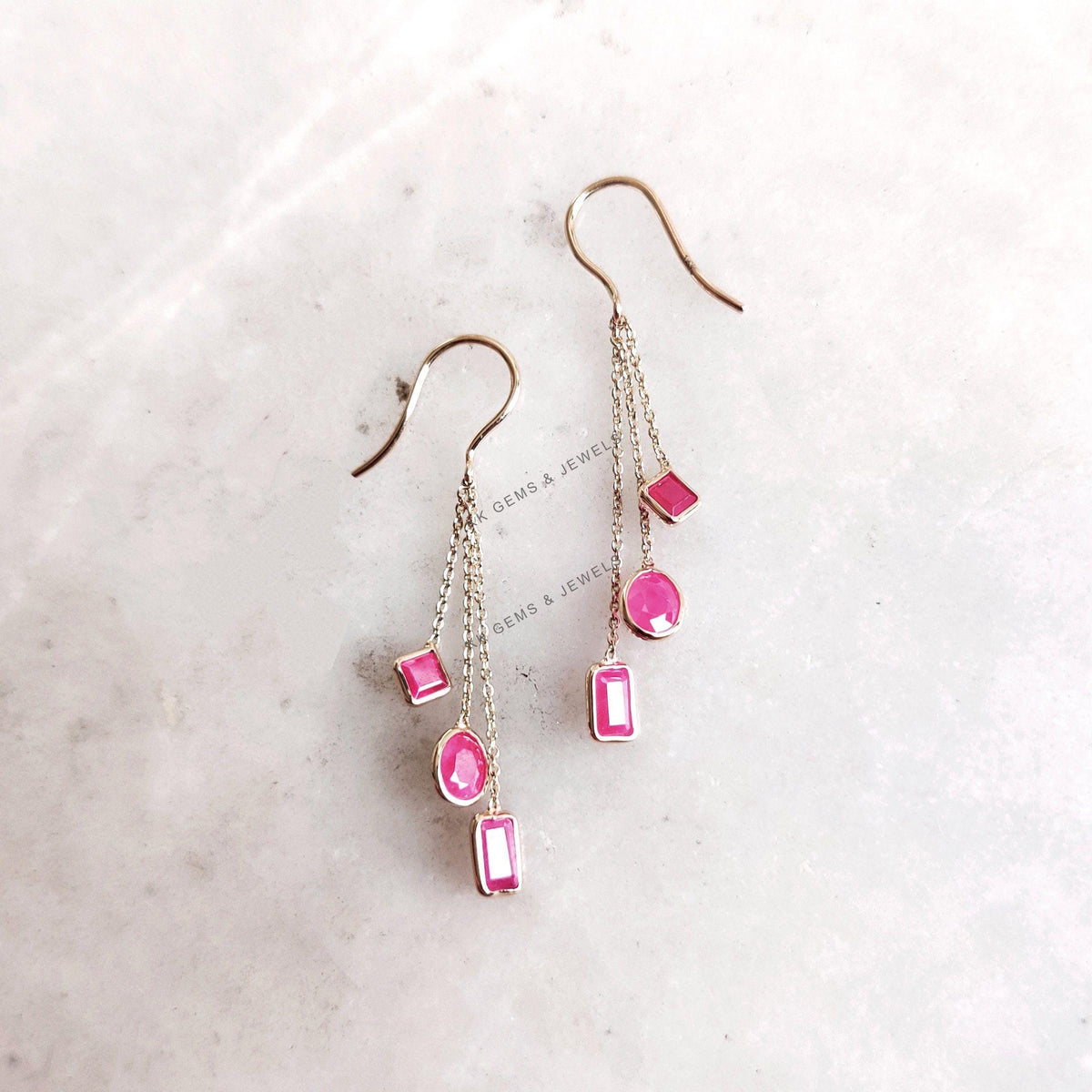 14K Solid Yellow Gold Natural Ruby Dangle Earrings, July Birthstone