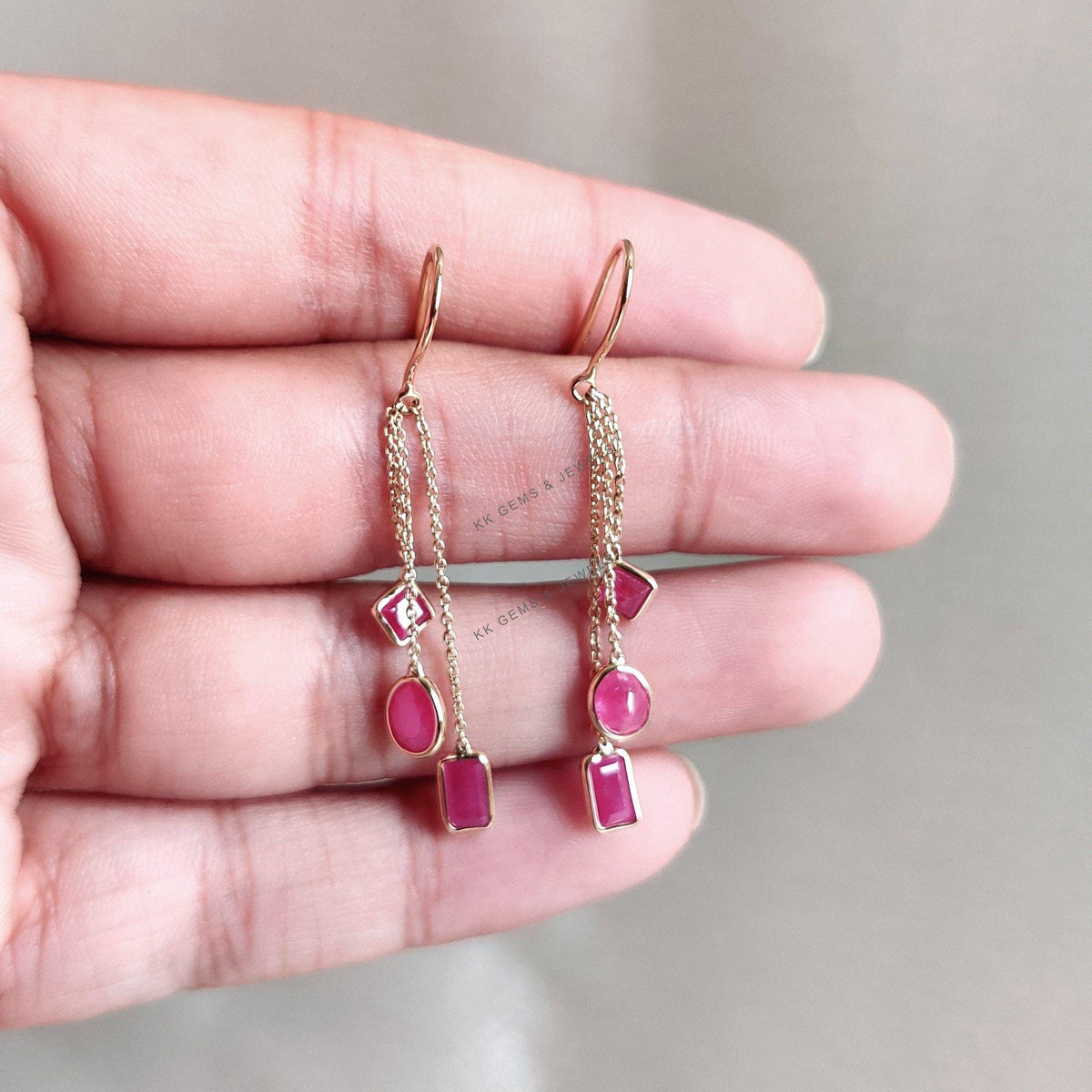 14K Solid Yellow Gold Natural Ruby Dangle Earrings, July Birthstone