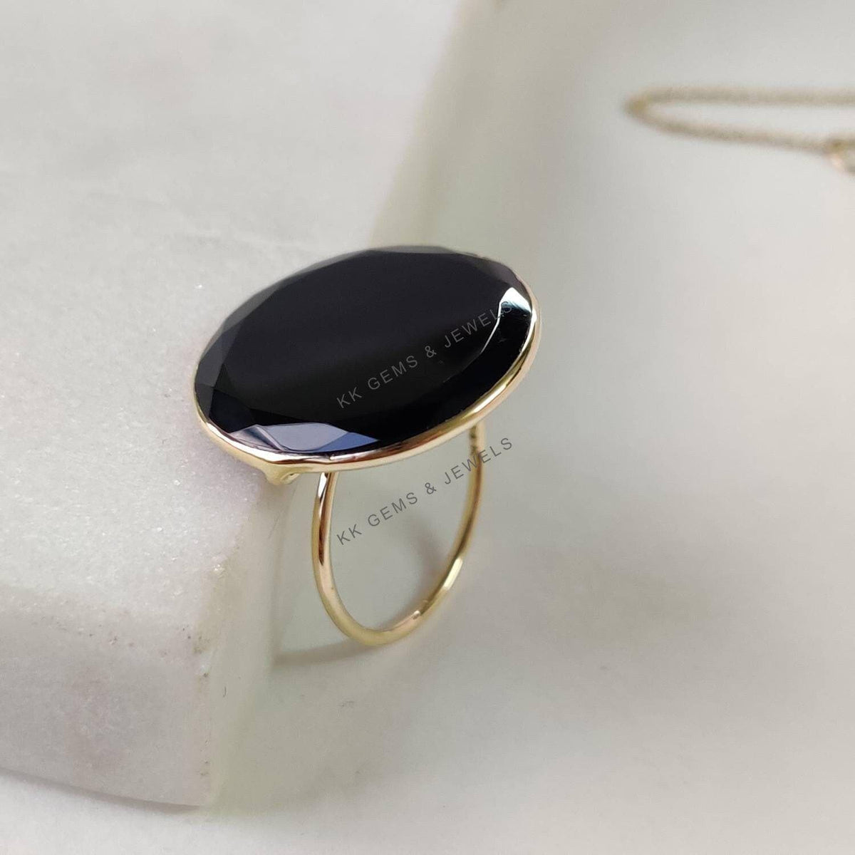 Natural Black Onyx 14K Solid Yellow Gold Ring, Bezel Setting, December Birthstone