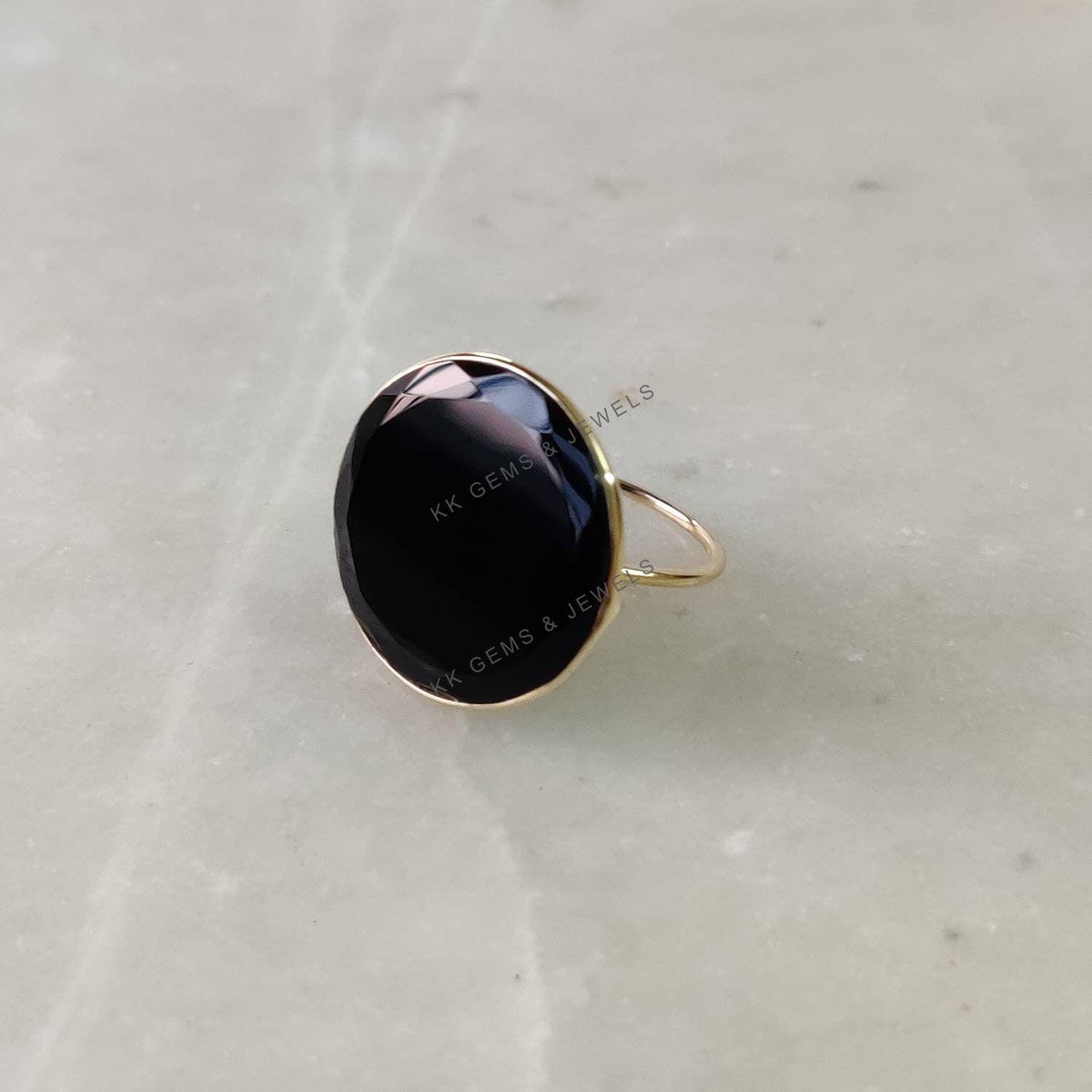 Natural Black Onyx 14K Solid Yellow Gold Ring, Bezel Setting, December Birthstone
