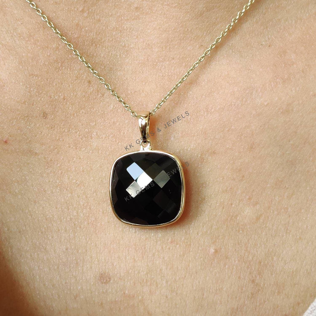 14K Solid Yellow Gold Natural Black Onyx Bezel Pendant, December Birthstone