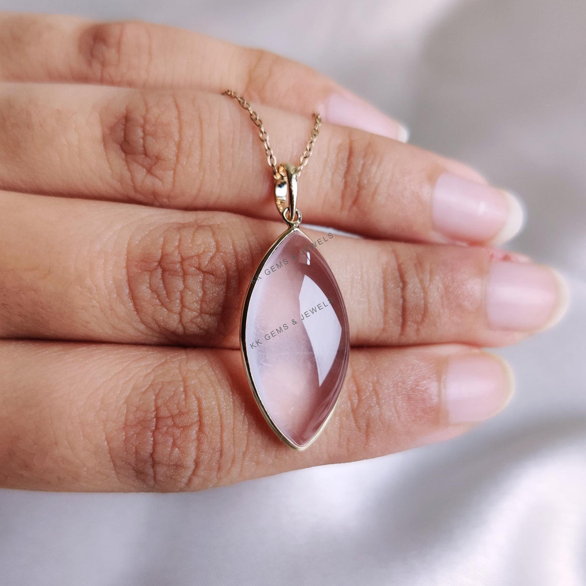 Natural Rose Quartz Marquise Pendant, 14K Solid Yellow Gold Pendant, January Birthstone, Christmas Present