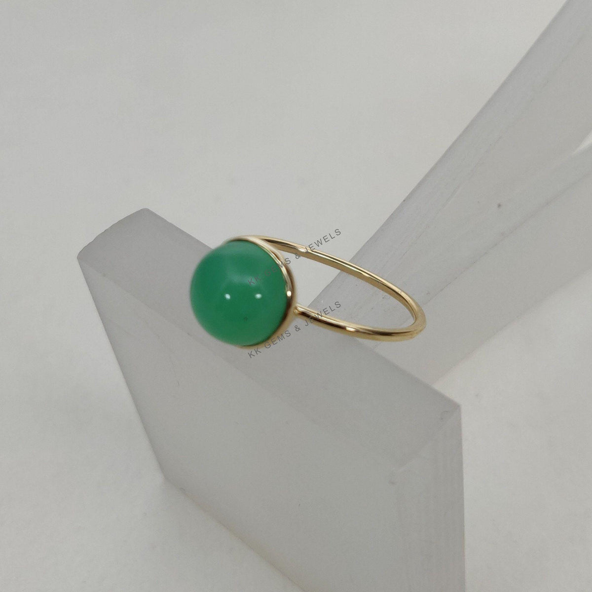 Natural Chrysoprase Ring, 14K Solid Yellow Gold Bezel Ring, May Birthstone