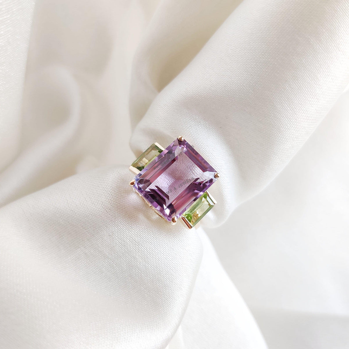 Natural Pink Amethyst & Peridot Ring, 14K Solid Yellow Gold Statement Ring
