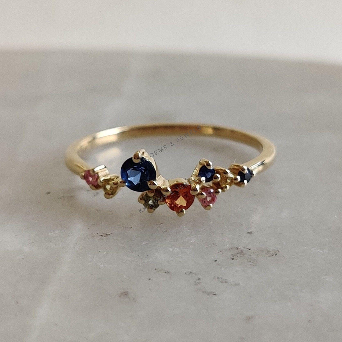 14K Solid Yellow Gold Natural Multi Sapphire Ring, September Birthstone Jewelry