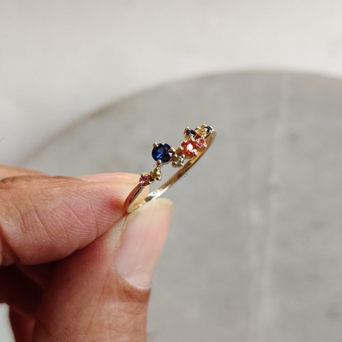 14K Solid Yellow Gold Natural Multi Sapphire Ring, September Birthstone Jewelry