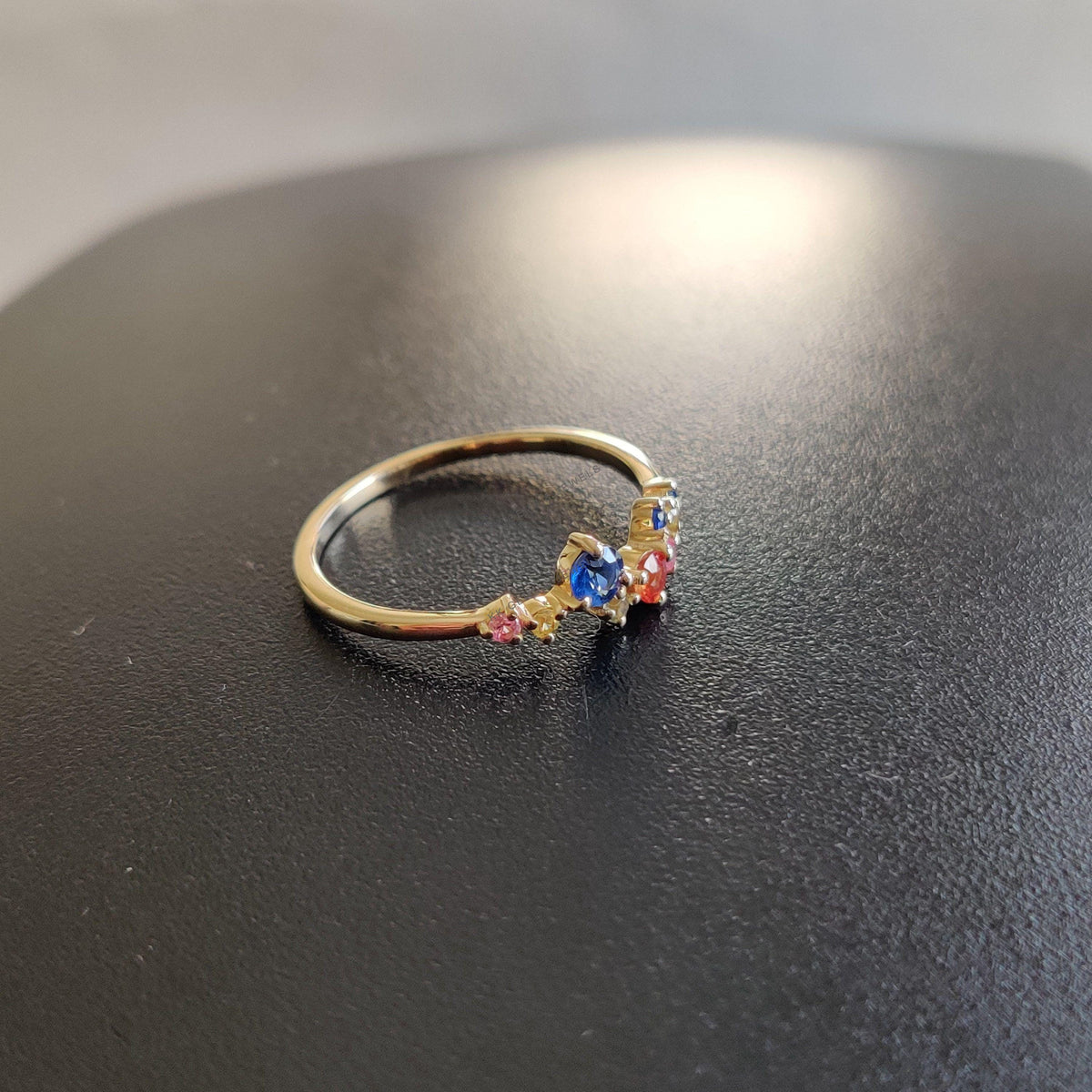 14K Solid Yellow Gold Natural Multi Sapphire Ring, September Birthstone Jewelry