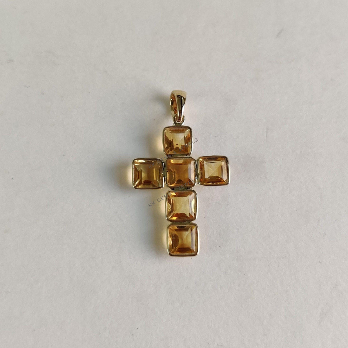 14K Solid Yellow Gold Natural Citrine Cross Pendant, November Birthstone