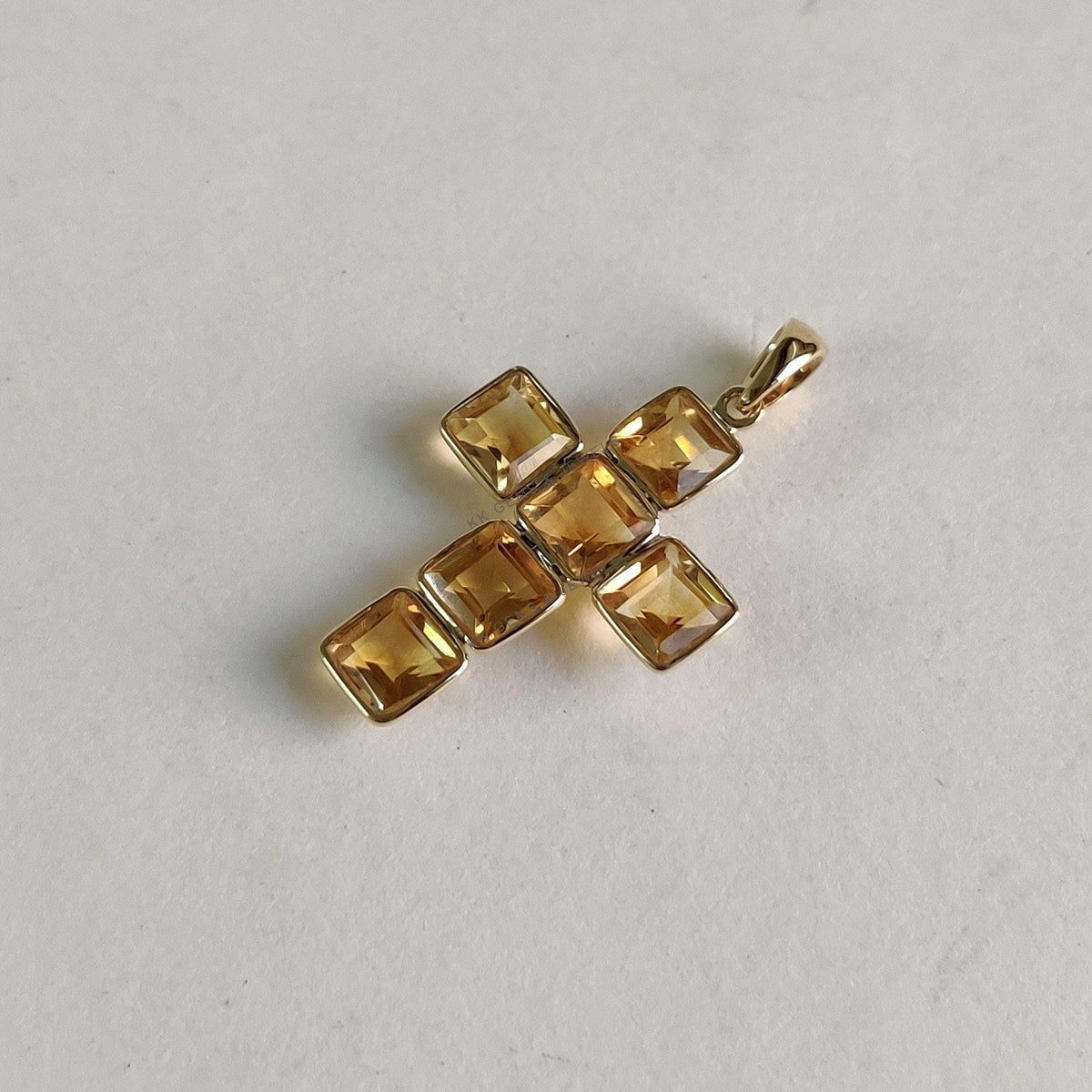 14K Solid Yellow Gold Natural Citrine Cross Pendant, November Birthstone