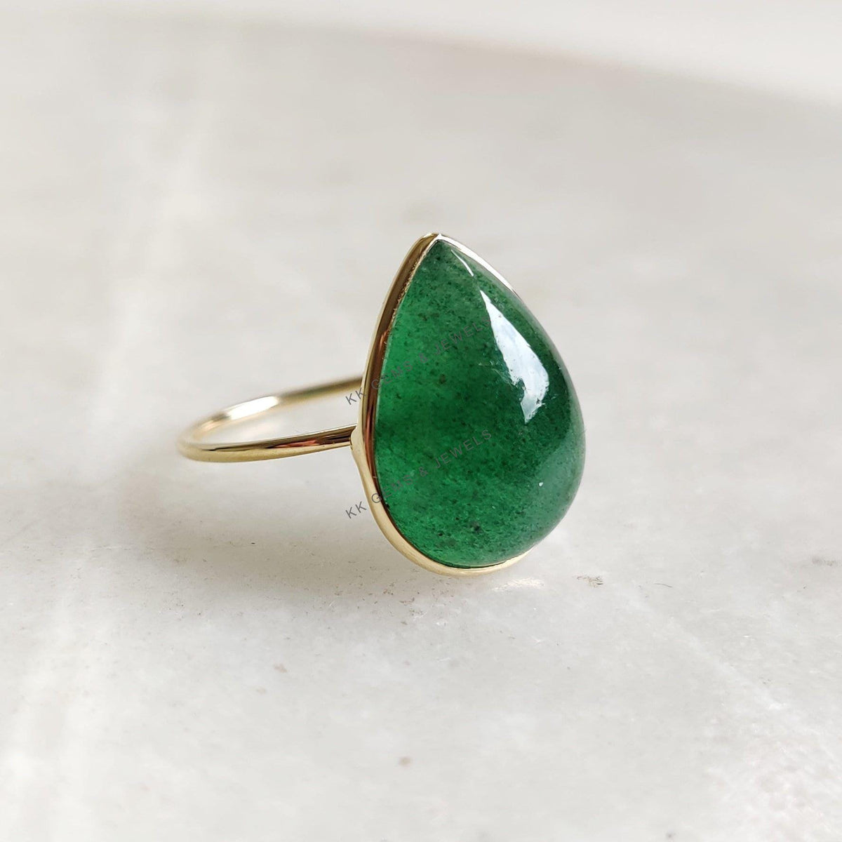 14K Solid Gold Natural Green Aventurine Ring, Pear Cabochon, August Birthstone