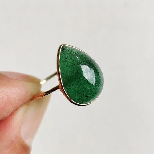 14K Solid Gold Natural Green Aventurine Ring, Pear Cabochon, August Birthstone