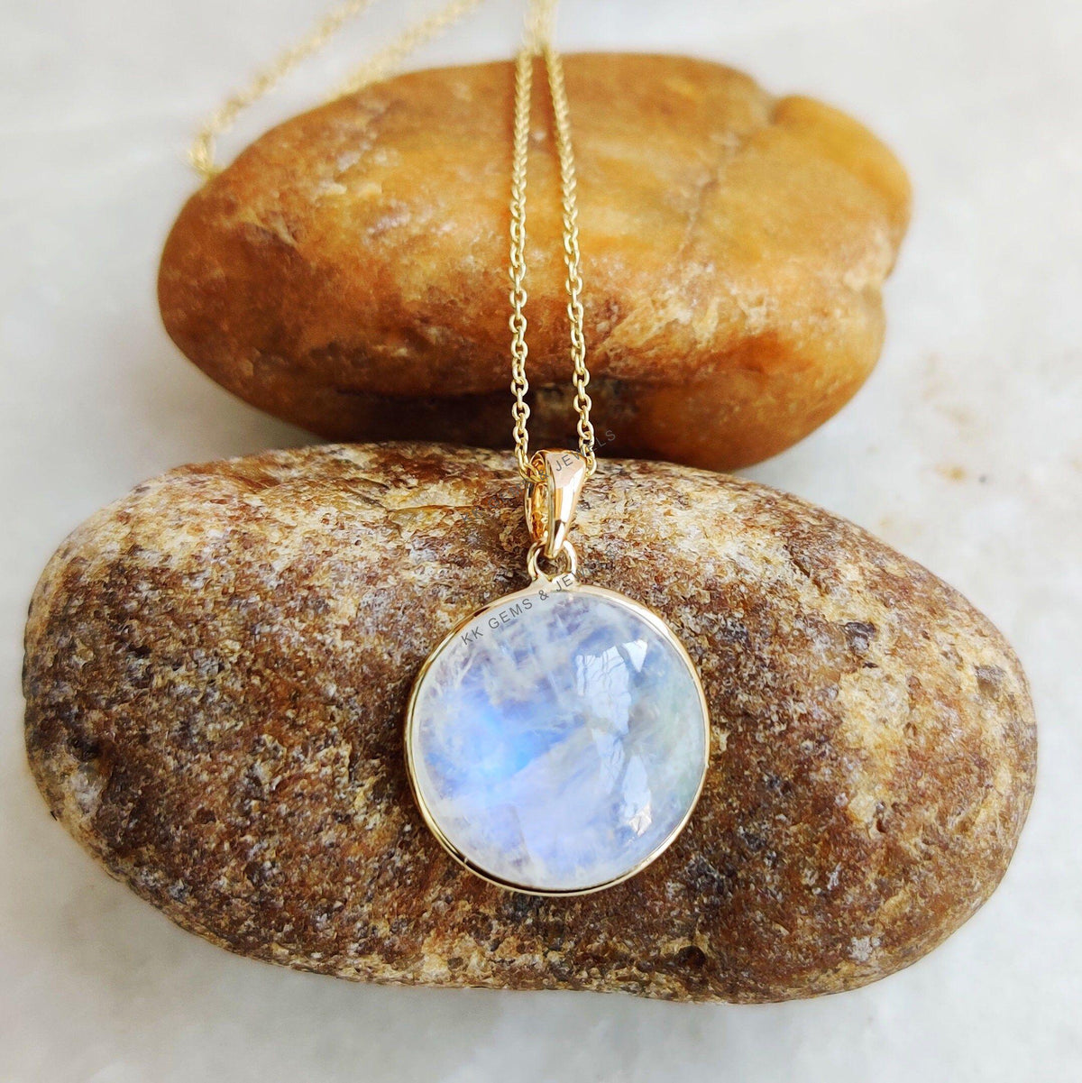 Natural Rainbow Moonstone Pendant, 14K Solid Yellow Gold Round Cabochon