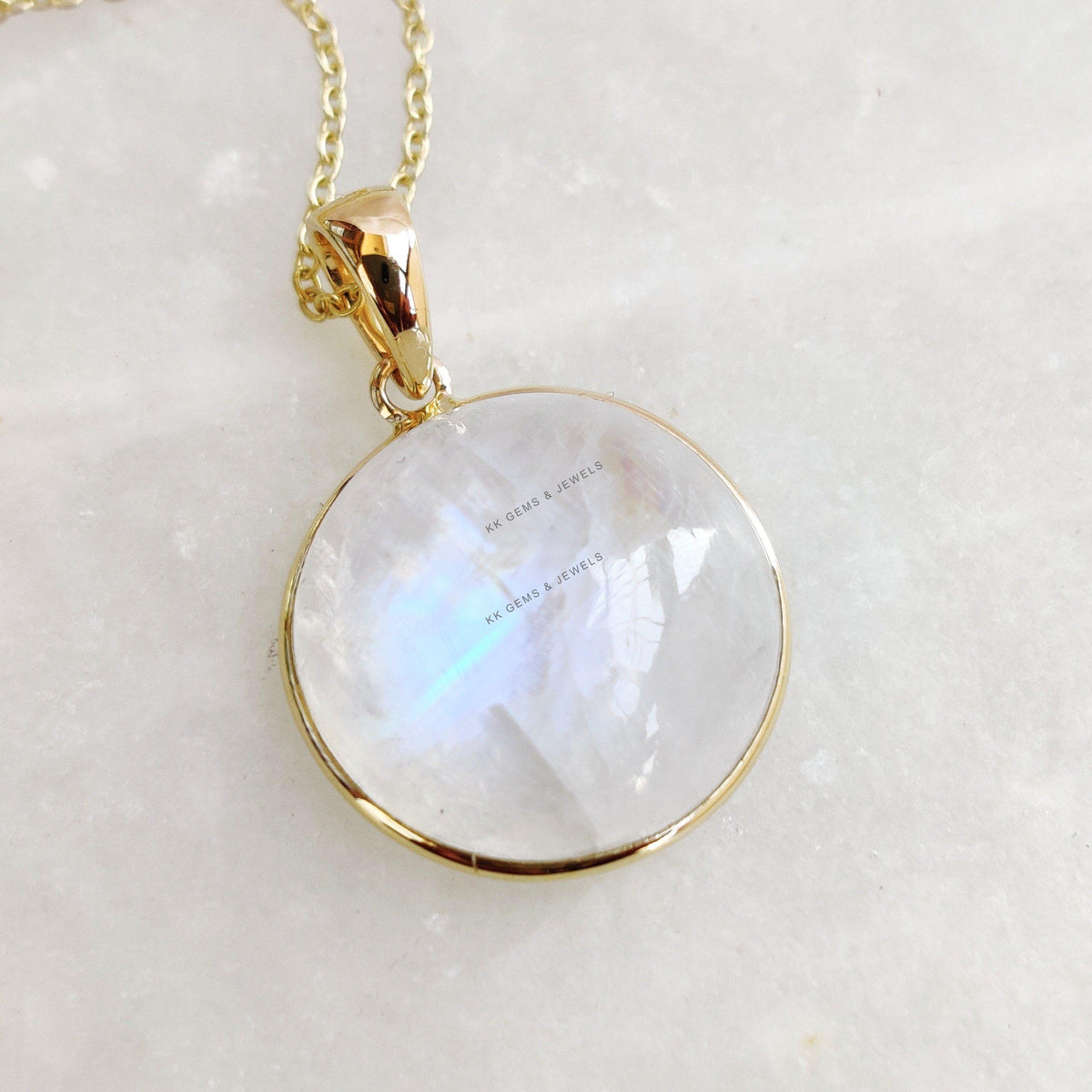 Natural Rainbow Moonstone Pendant, 14K Solid Yellow Gold Round Cabochon