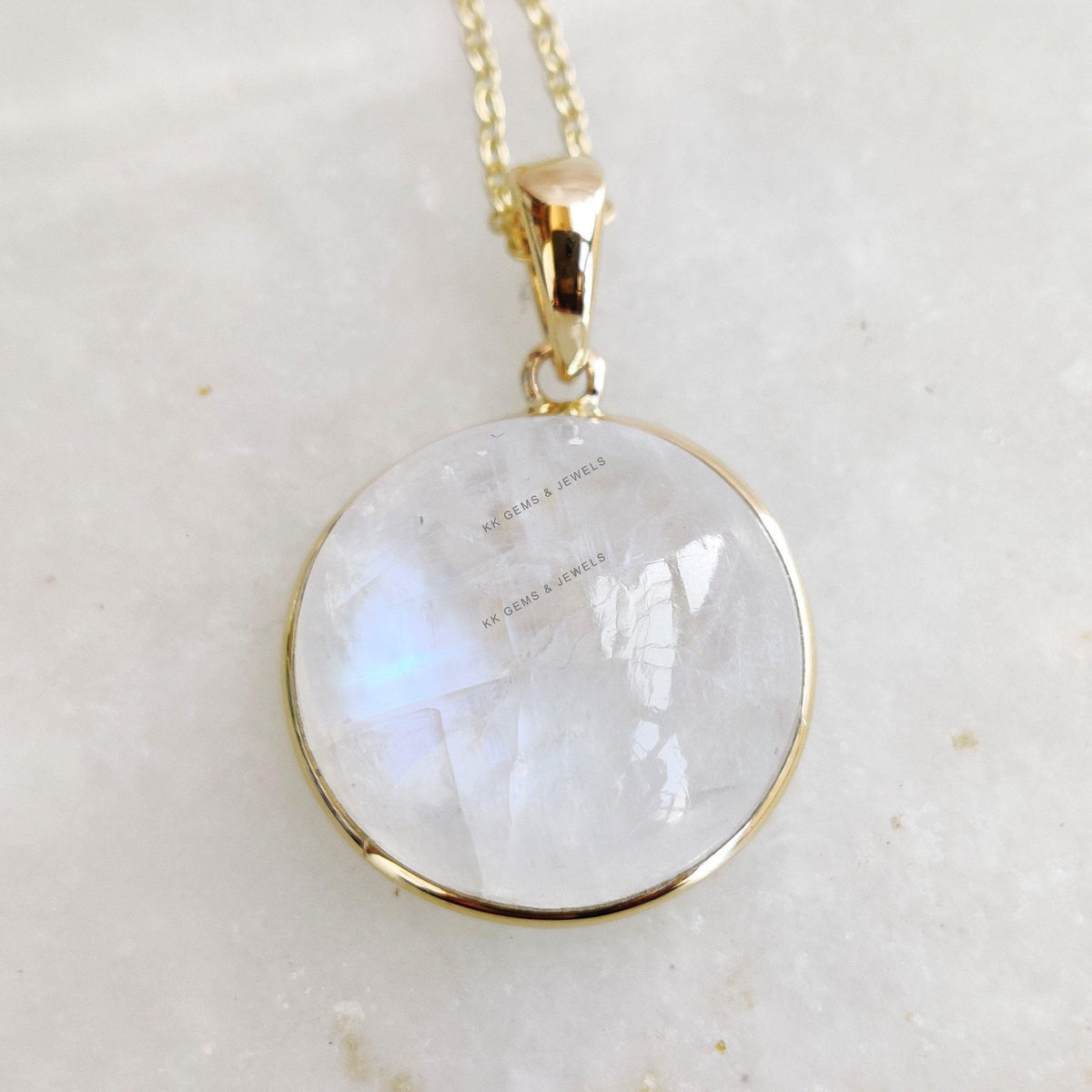 Natural Rainbow Moonstone Pendant, 14K Solid Yellow Gold Round Cabochon