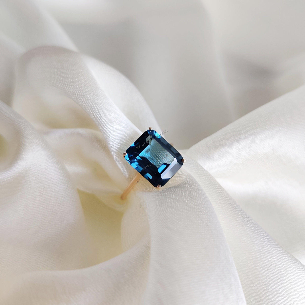 Natural Emerald Cut London Blue Topaz Ring, 14K Solid Yellow Gold December Birthstone