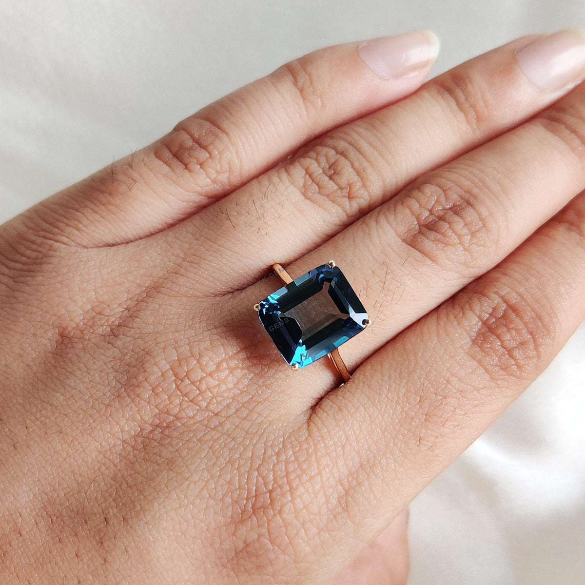 Natural Emerald Cut London Blue Topaz Ring, 14K Solid Yellow Gold December Birthstone