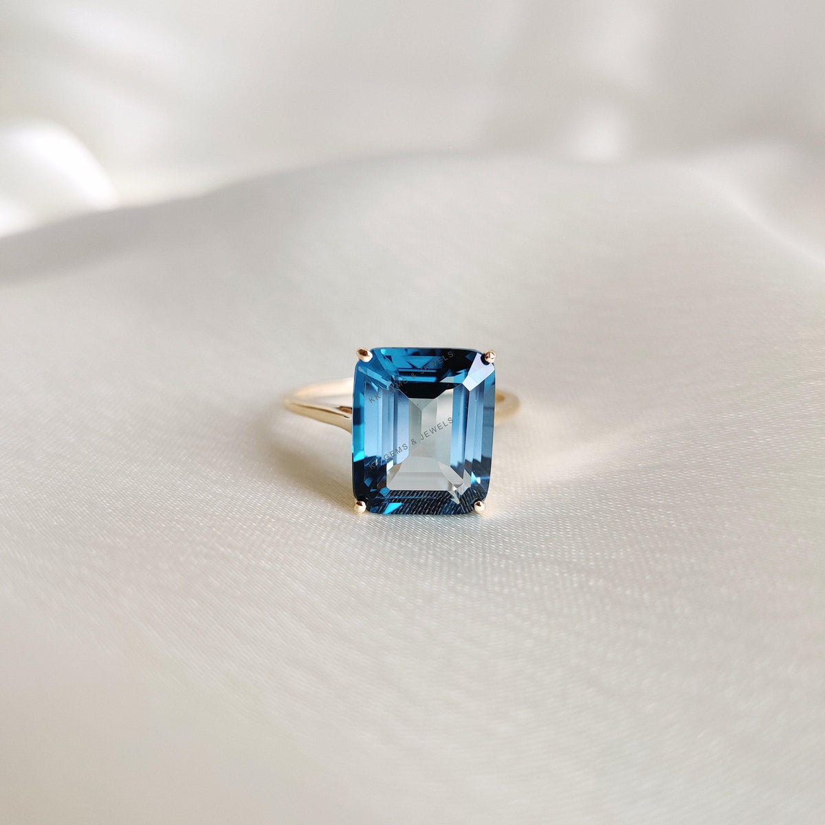 Natural Emerald Cut London Blue Topaz Ring, 14K Solid Yellow Gold December Birthstone