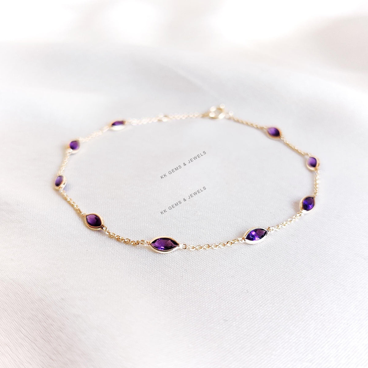 14K Solid Gold Natural Purple Amethyst Bracelet, February Birthstone Jewelry