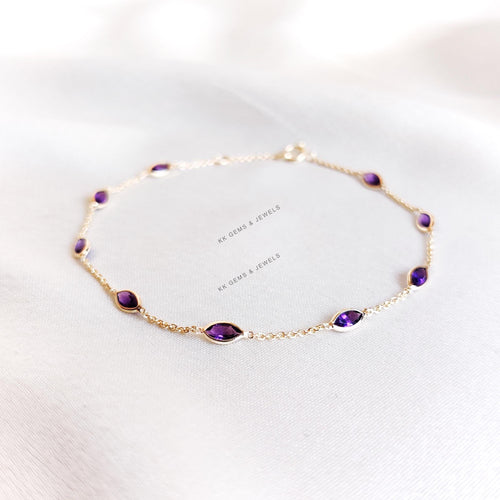 14K Solid Gold Natural Purple Amethyst Bracelet, February Birthstone Jewelry