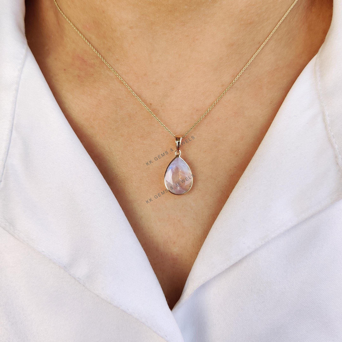 14K Solid Yellow Gold Natural Rainbow Moonstone Pear Pendant, June Birthstone