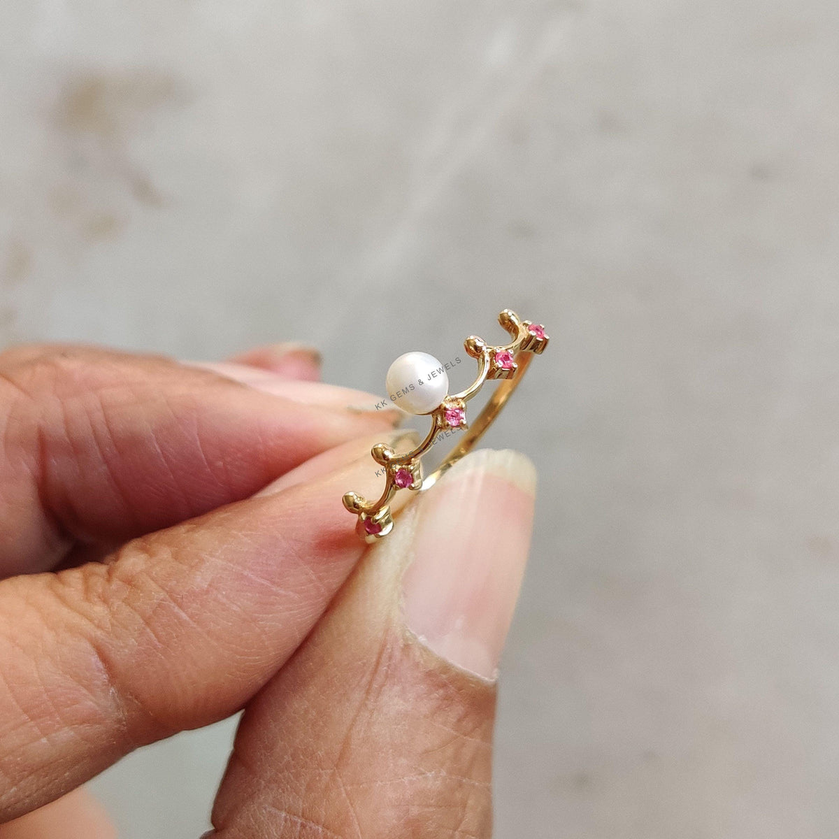 14K Solid Yellow Gold Natural Pearl & Ruby Ring, June July Birthstone Jewelry