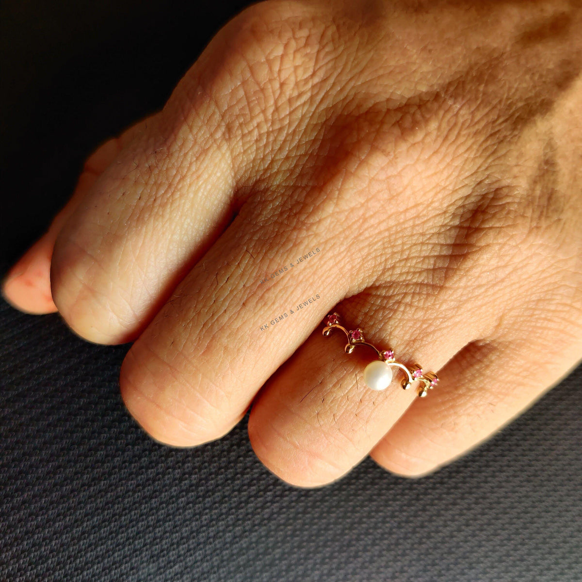 14K Solid Yellow Gold Natural Pearl & Ruby Ring, June July Birthstone Jewelry