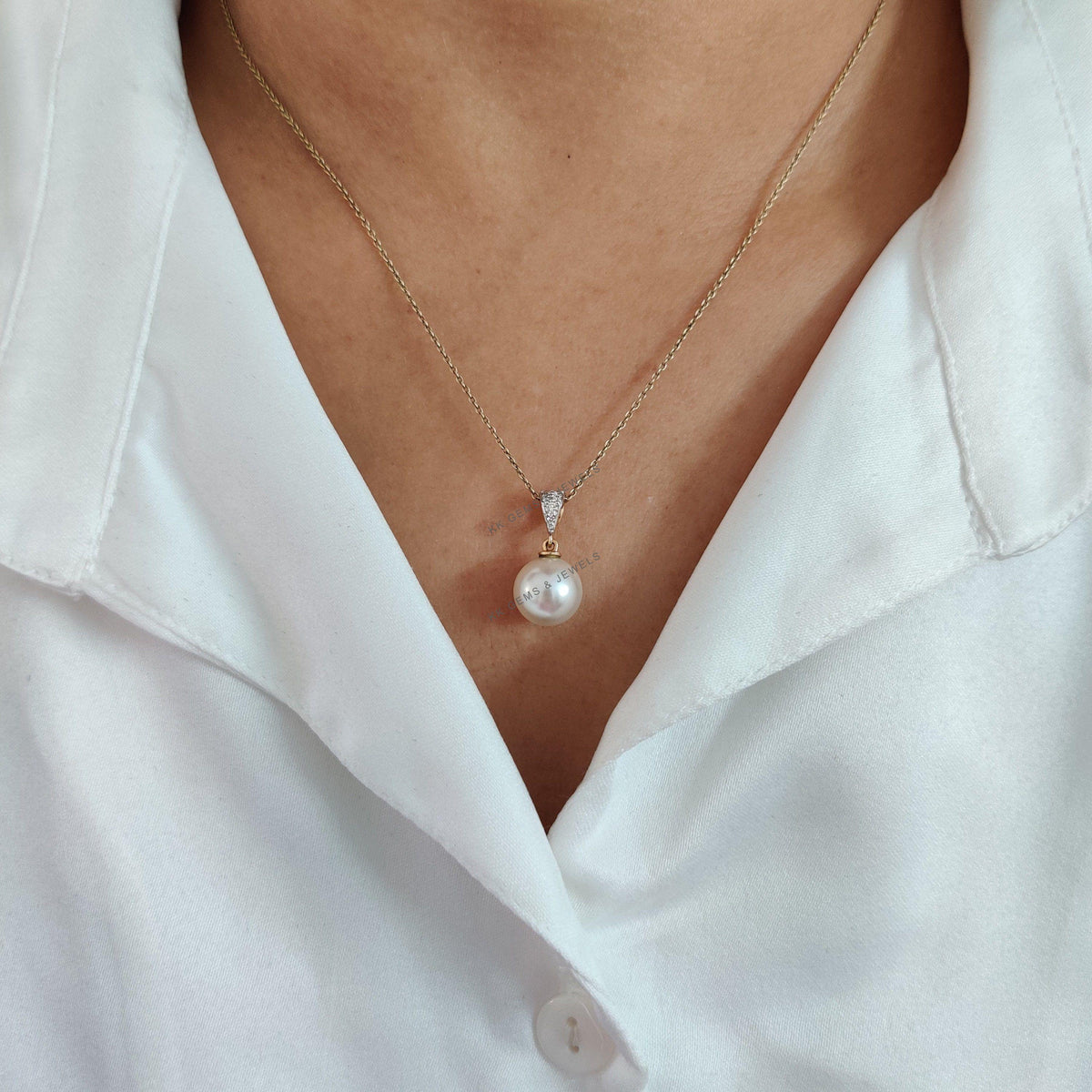 14k Solid Gold Natural Pearl & Diamond Pendant , June Birthstone Diamond Jewelry