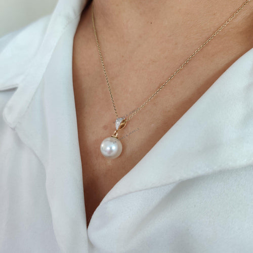 14k Solid Gold Natural Pearl & Diamond Pendant , June Birthstone Diamond Jewelry