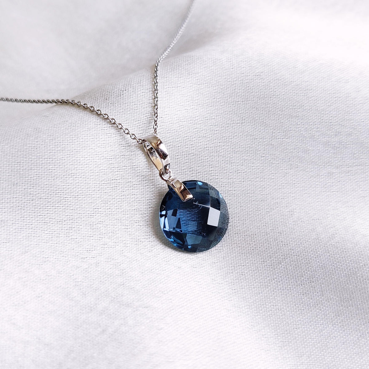 Natural London Blue Topaz Drill Pendant, 14K Solid White Gold, December Birthstone