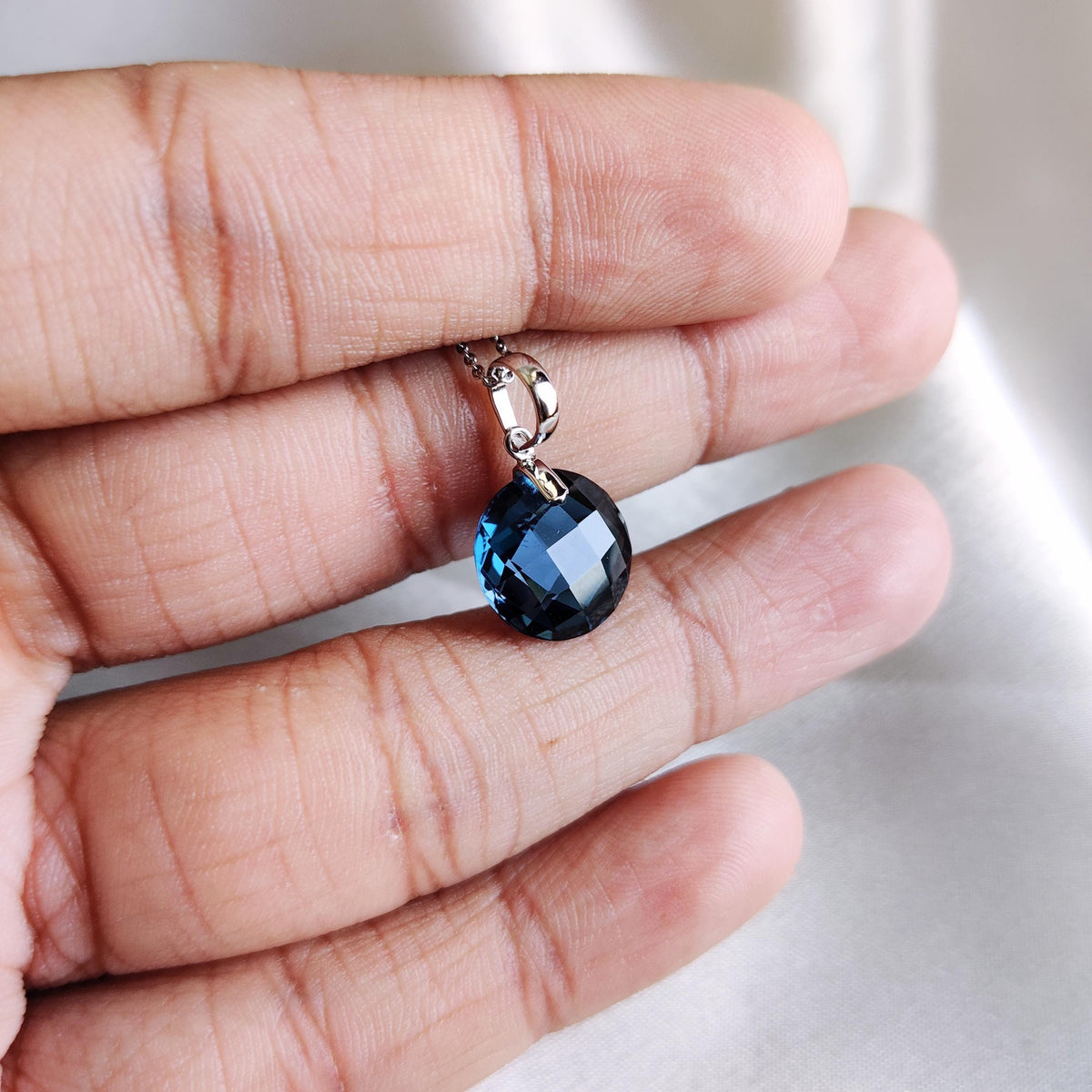 Natural London Blue Topaz Drill Pendant, 14K Solid White Gold, December Birthstone
