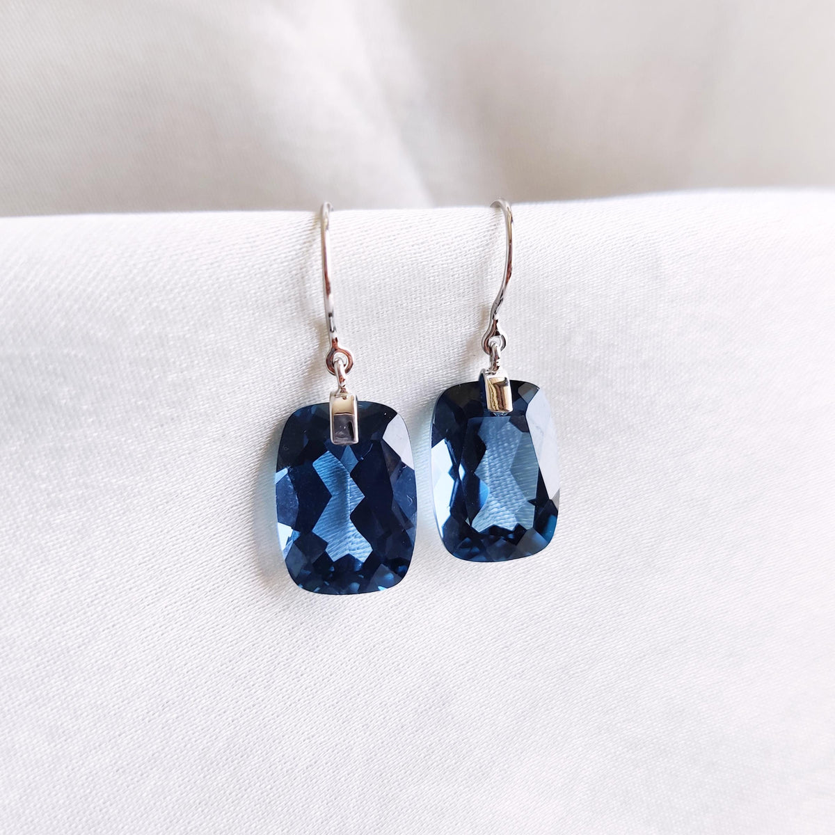 Natural London Blue Topaz Drill Earrings, 14K Solid White Gold, December Birthstone