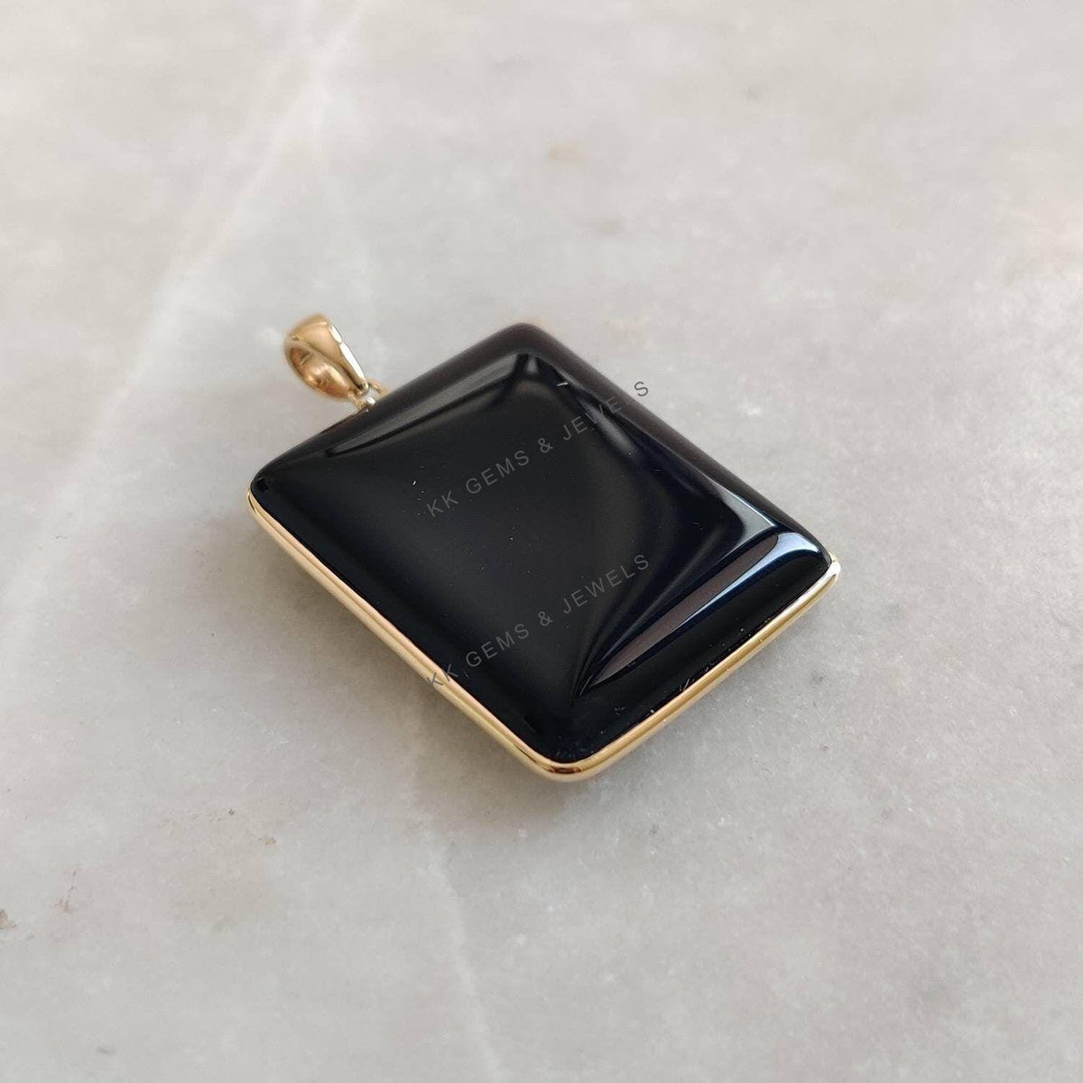 14K Solid Yellow Gold Natural Black Onyx Pendant, Rectangle Gemstone Pendant,