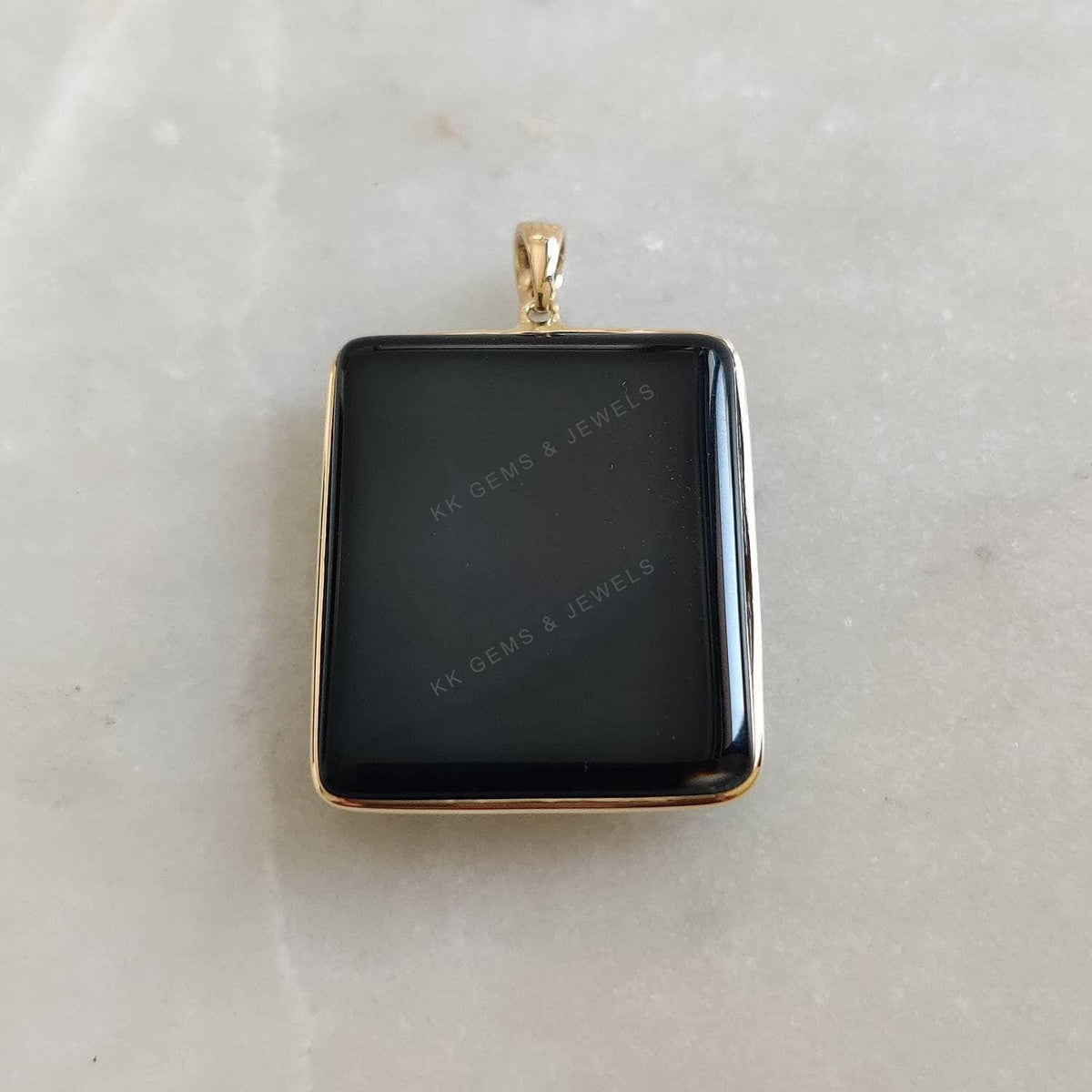 14K Solid Yellow Gold Natural Black Onyx Pendant, Rectangle Gemstone Pendant,