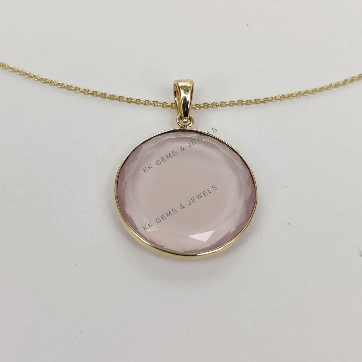 14K Solid Yellow Gold Natural Rose Quartz Pendant - January Birthstone