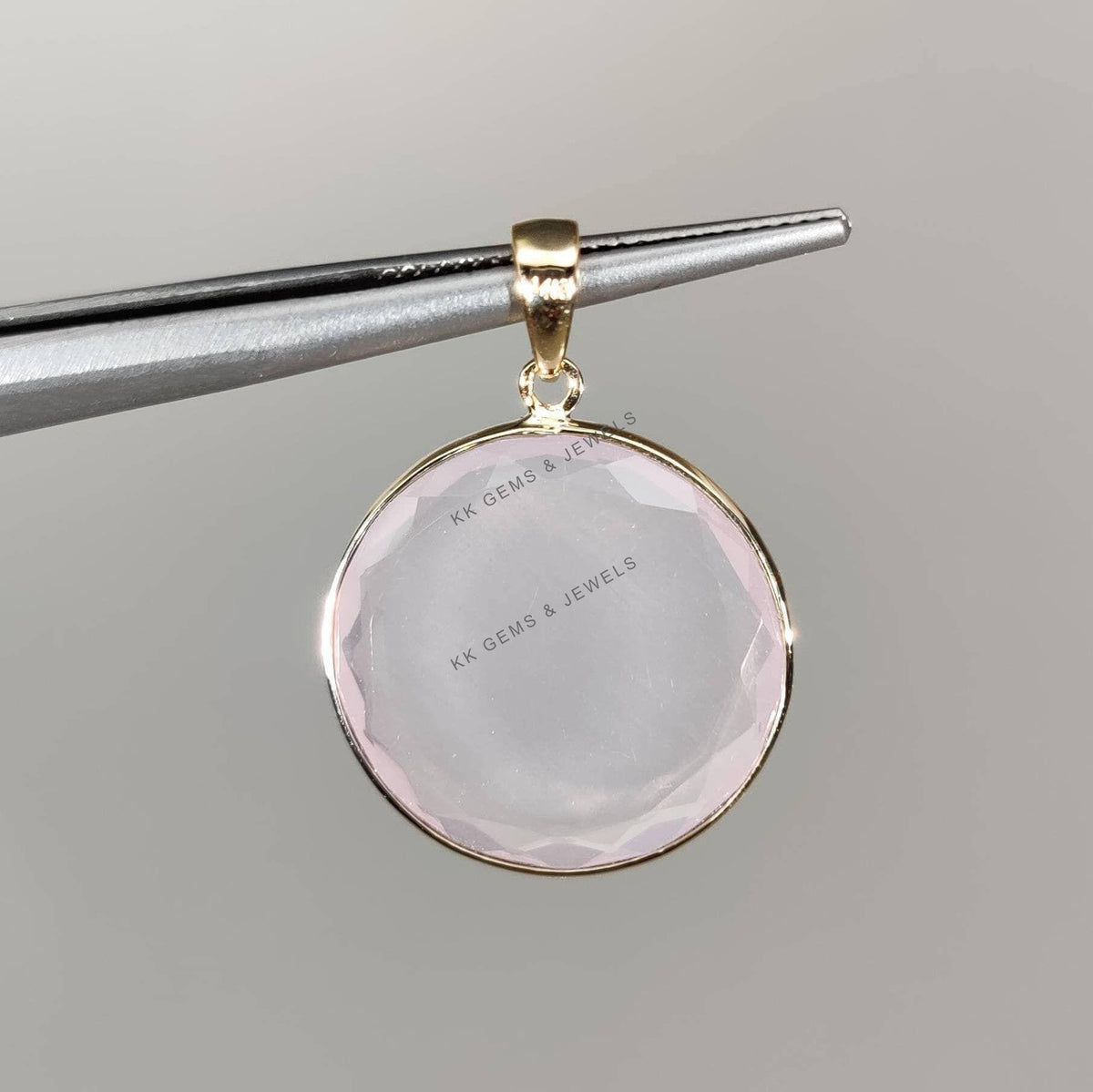 14K Solid Yellow Gold Natural Rose Quartz Pendant - January Birthstone