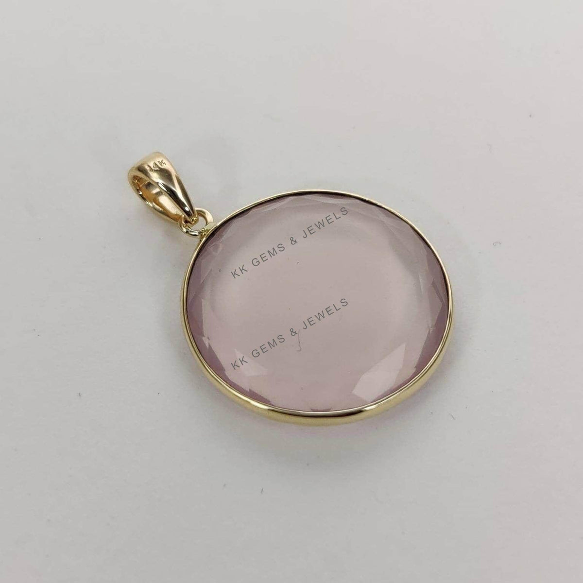 14K Solid Yellow Gold Natural Rose Quartz Pendant - January Birthstone