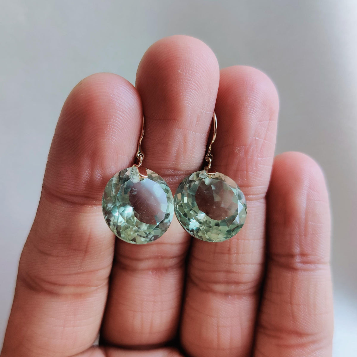 Natural Green Amethyst Earrings, 14K Solid Yellow Gold, Round Cut Prasiolite