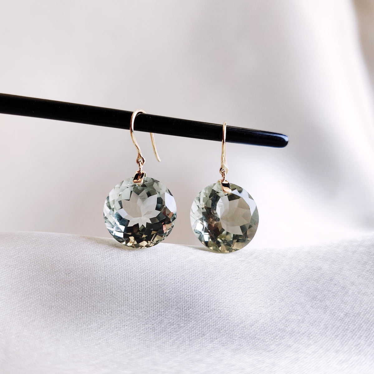 Natural Green Amethyst Earrings, 14K Solid Yellow Gold, Round Cut Prasiolite