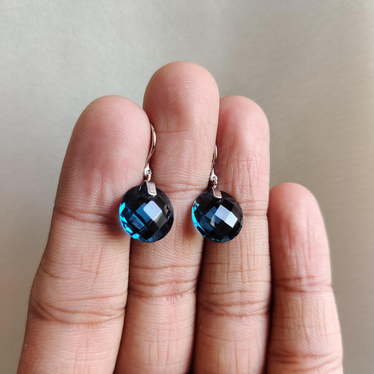 14K Solid White Gold Natural London Blue Topaz Drill Earrings, December Birthstone